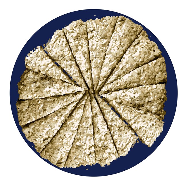 Round cake divided into triangular (pie) sections.