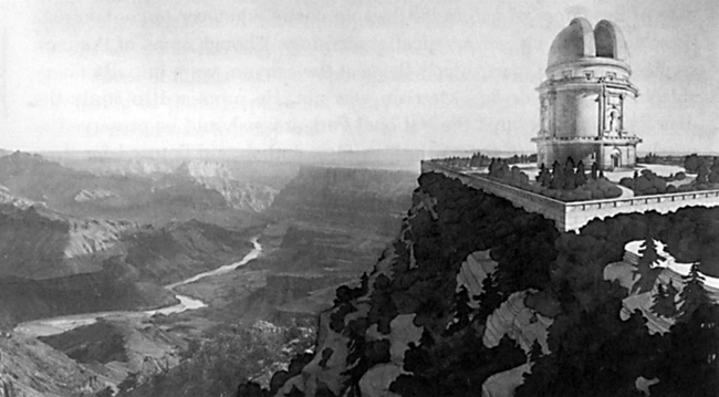 Astronomer George Ritchey proposed to build the world's largest telescope on the rim of the Grand Canyon in the 1920s. A drawing of the telescope was superimposed onto a photo of the Grand Canyon and published in a French magazine in 1928. A black and white photo of an observatory drawn onto the edge of the Grand Canyon