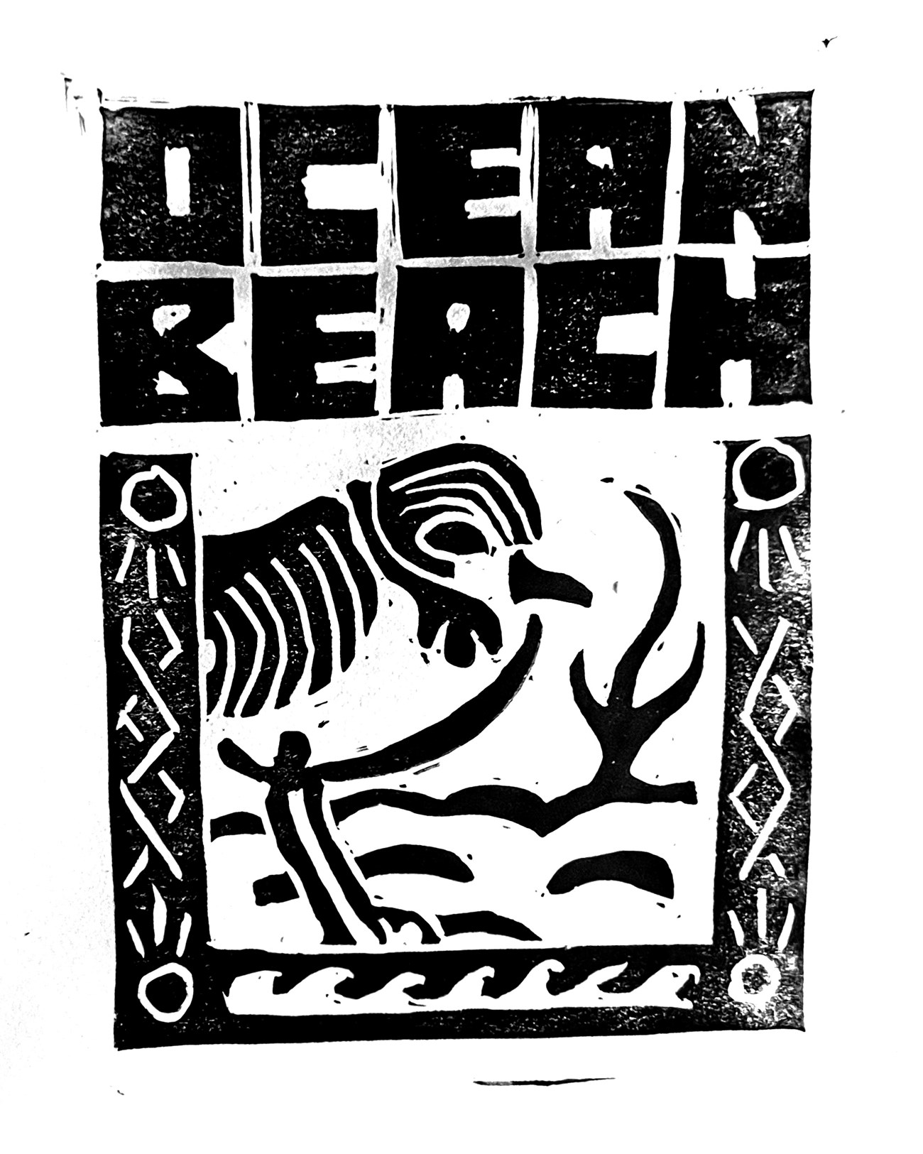 Ocean Beach print Scanned print, with "Ocean Beach" in stylized, blocky lettering across the top. Below is a plover standing in the sand inside a frame patterned with lines and icons of the sun and waves.