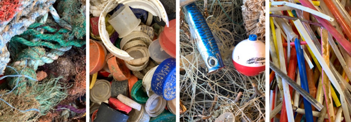 a collage of four images showing ocean plastics: rope, bottle caps, fishing gear, straws, and plastic cups