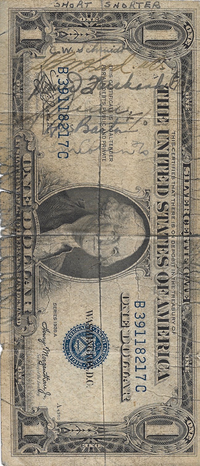 Officer Bob Lynch RCAF Short Snorter dollar bill with autographs on it