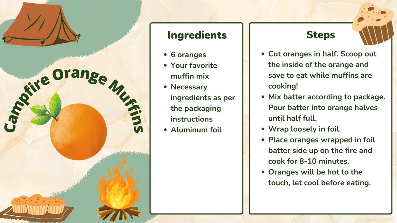 recipe card for campfire orange muffins with directions and ingredients