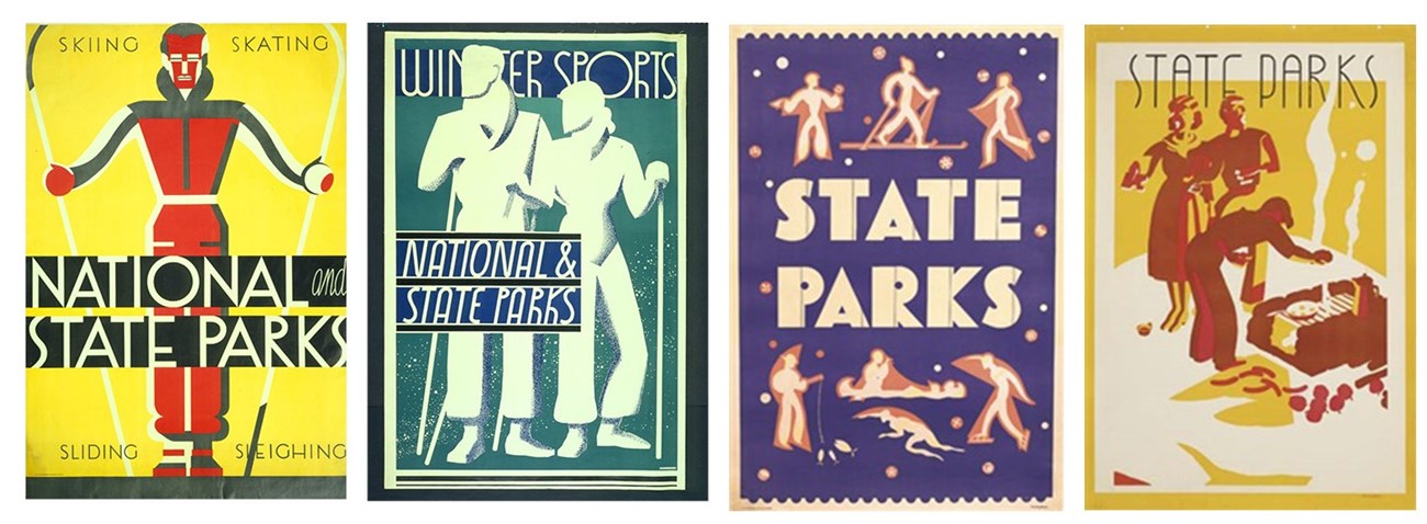 collage of four posters featuring skiing and winter sports in national and state parks and two posters for state parks.