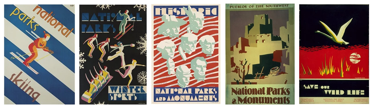 Waugh's 1935 posters Collage of five posters featuring skiing, winter sports, heads of historical figures, a pueblo, and a flying bird.