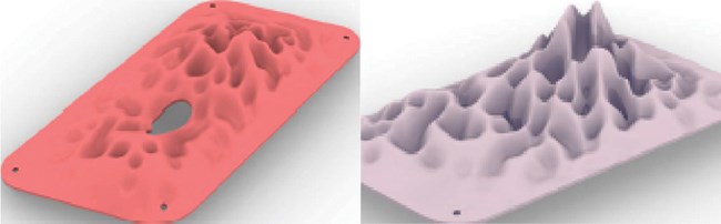 Fiberglass panel renderings Two rendered views of panels with lots of irregularly shaped contours and crevices.