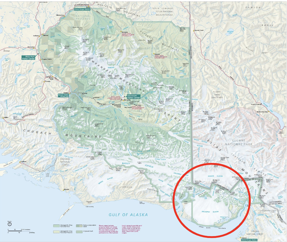 WRST park map showing Malaspina Glacier