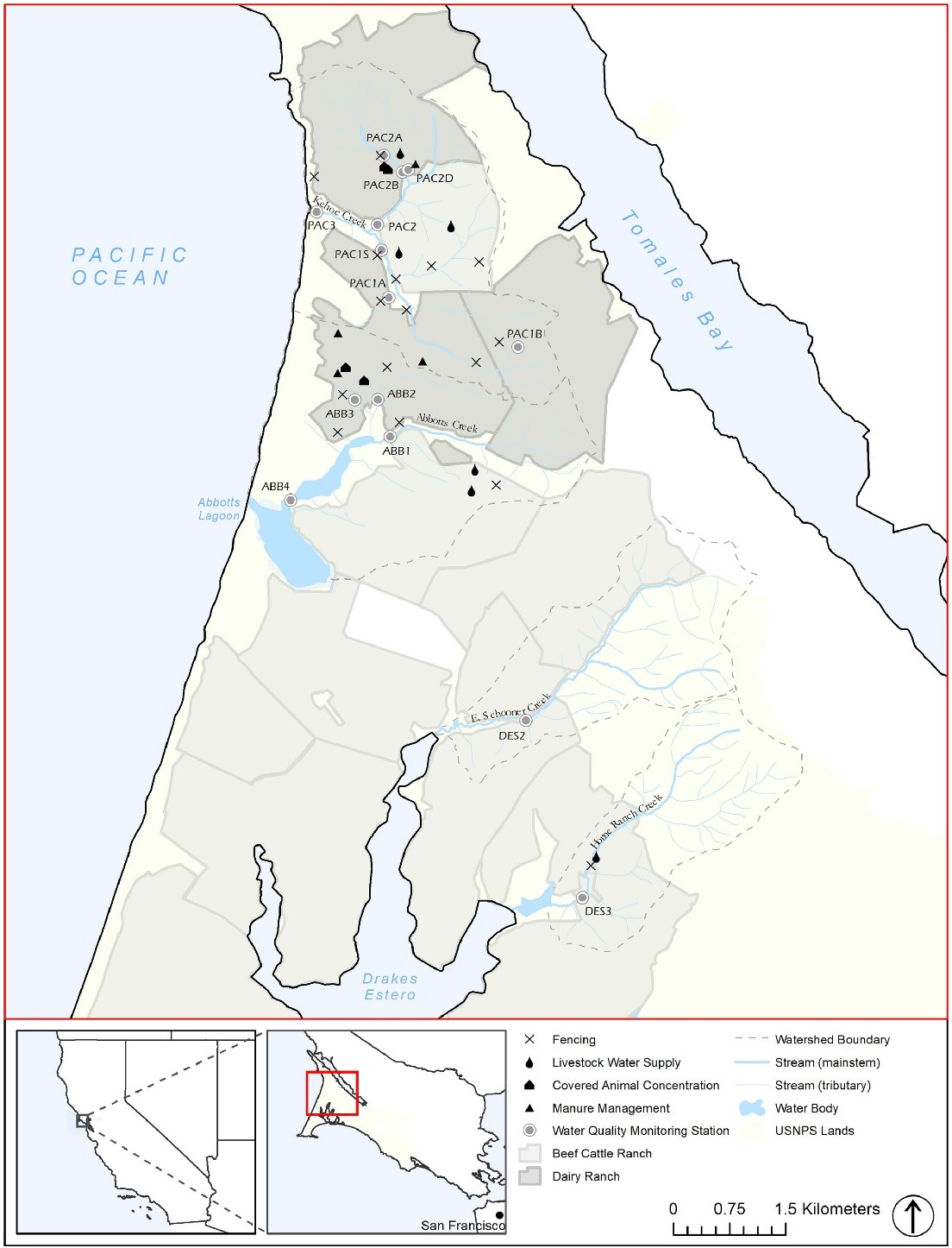 Study area map Map of the watersheds, ranching activity, best practices implementation measures, and water quality monitoring stations on the Point Reyes peninsula.