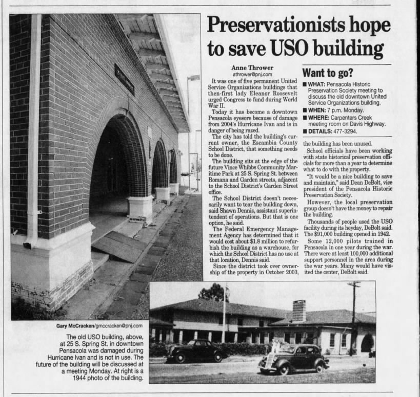 Pensacola News Journal, 2007. Newspaper article with two photos of a building and the headline "Preservationists hope to save USO building"