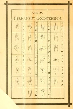 scan from book titled Our Permanent Countersign. 4 columns of letters pictured in sign language.