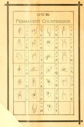 Our Permanent Countersign scan from book titled Our Permanent Countersign. 4 columns of letters pictured in sign language.