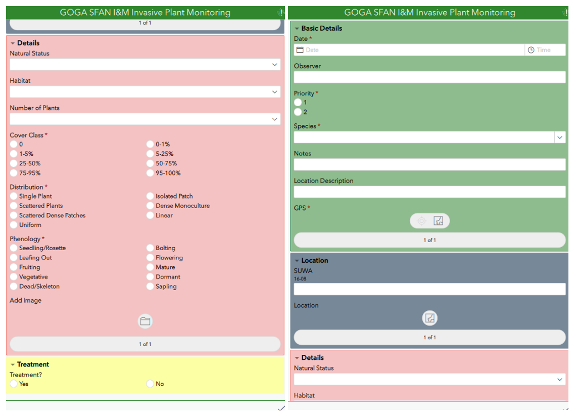 Screenshot of a colorful form for collecting information about invasive plants. Input fields like 'Species' and 'Phenology' are divided into categories such as 'Details' and 'Location'.