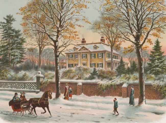 A painting of Washington's Cambridge headquarters in the winter with snow covering the area.