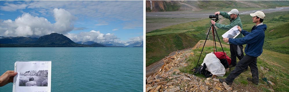 Two images, on the left a coastal bay and image to match, on the right, two men set up a camera to match the previous image.
