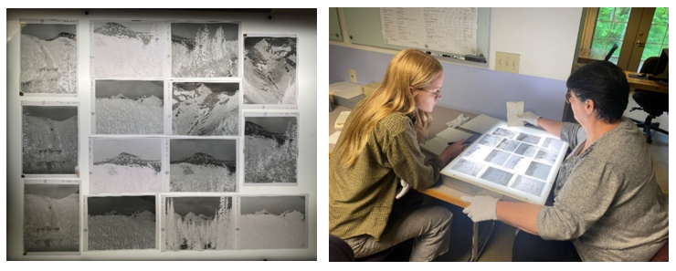 Left: negatives of photographs around Mount Rainier; Right: Brook and I examining negatives on a light table Left: negatives of photographs around Mount Rainier; Right: Brook and I examining negatives on a light table