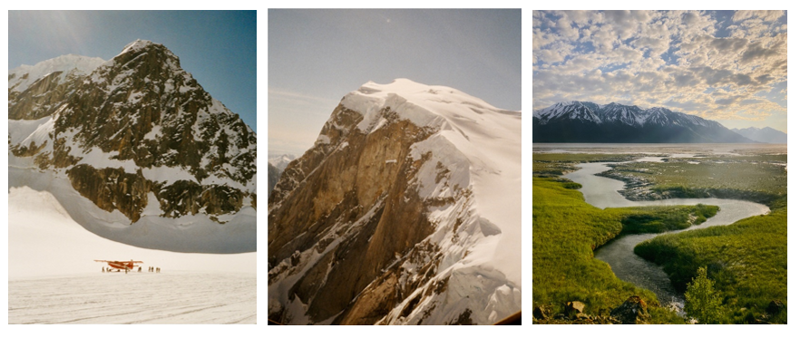 From left to right: an Otter airplane below a mountain peak in Denali National Park; a snowy mountain peak in Denali National Park; a winding stream leading to Turnagain Arm near Anchorage, Alaska. From left to right: an Otter airplane below a mountain peak in Denali National Park; a snowy mountain peak in Denali National Park; a winding stream leading to Turnagain Arm near Anchorage, Alaska.