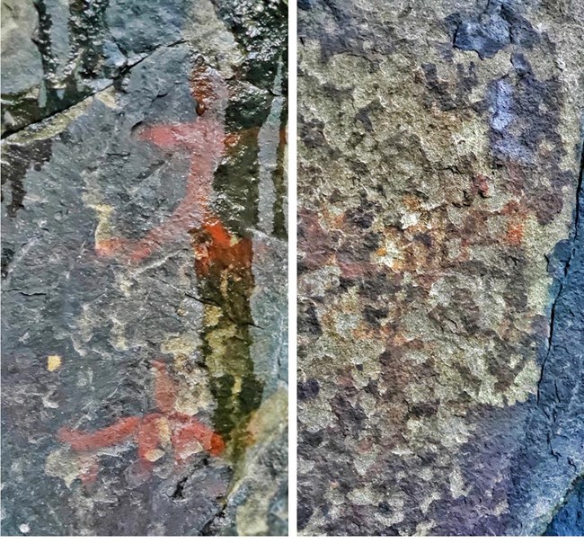 Side-by-side panels of pictographs being eroded by water.