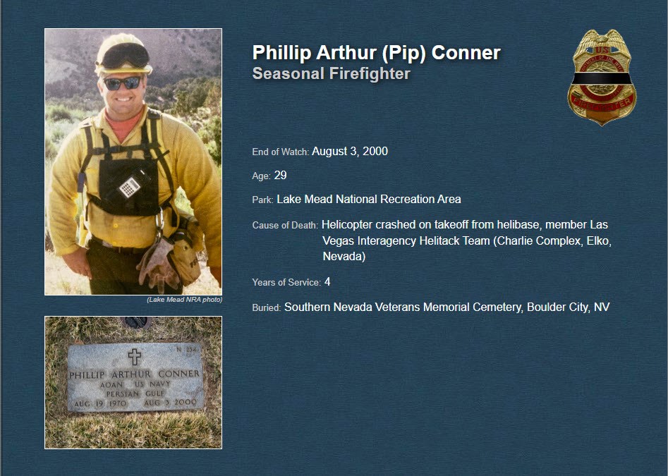 Pip Conner memorial post on https://npshistory.com/employee-memorial/ Memorial post with photos of wildland firefighter (above) and gravestone (below) along with text related to Phillip Arthur (Pip) Conner, Seasonal Firefighter.