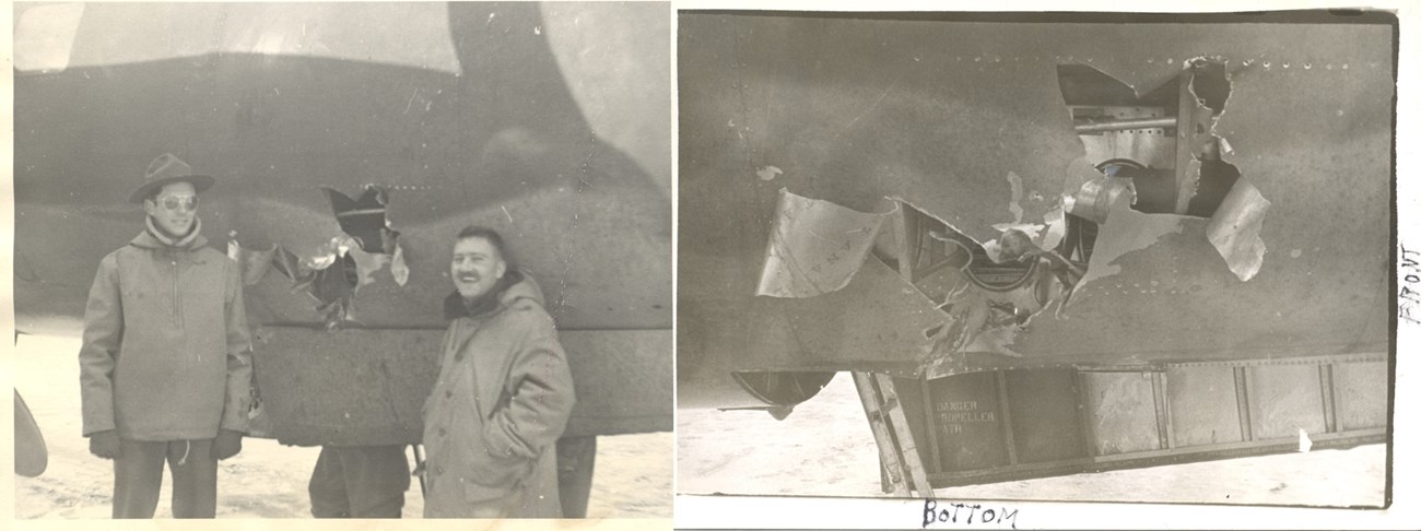 Pletcher's damaged plane Two photos: two men in front of a hole in an airplane; close up of same hole.