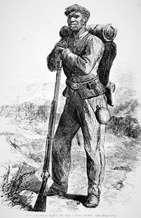 Drawing of a soldier, in uniform, wearing a backpack, leaning against weapon set on the ground