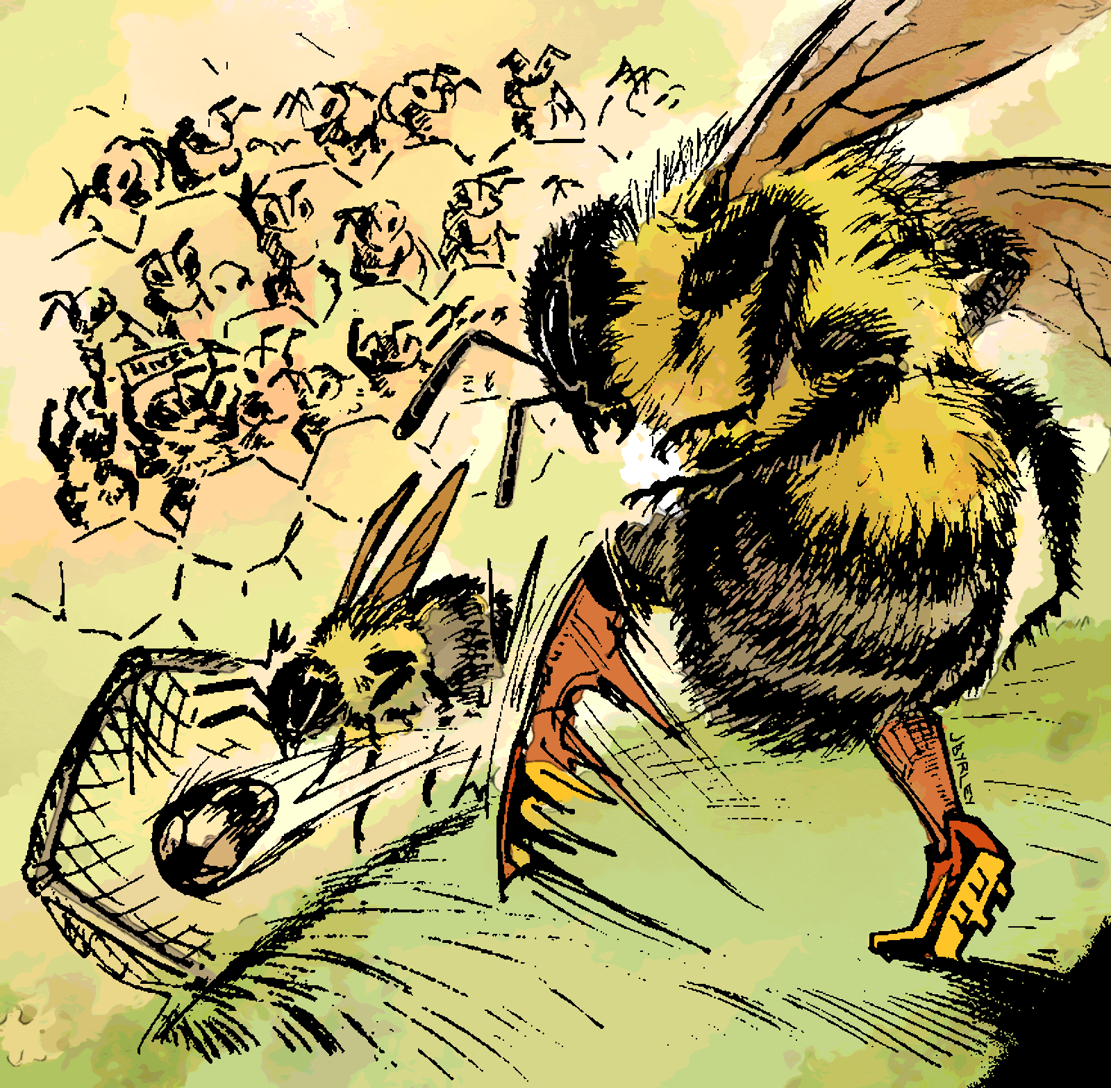 An illustrated bumblebee kicks a ball into a goal.