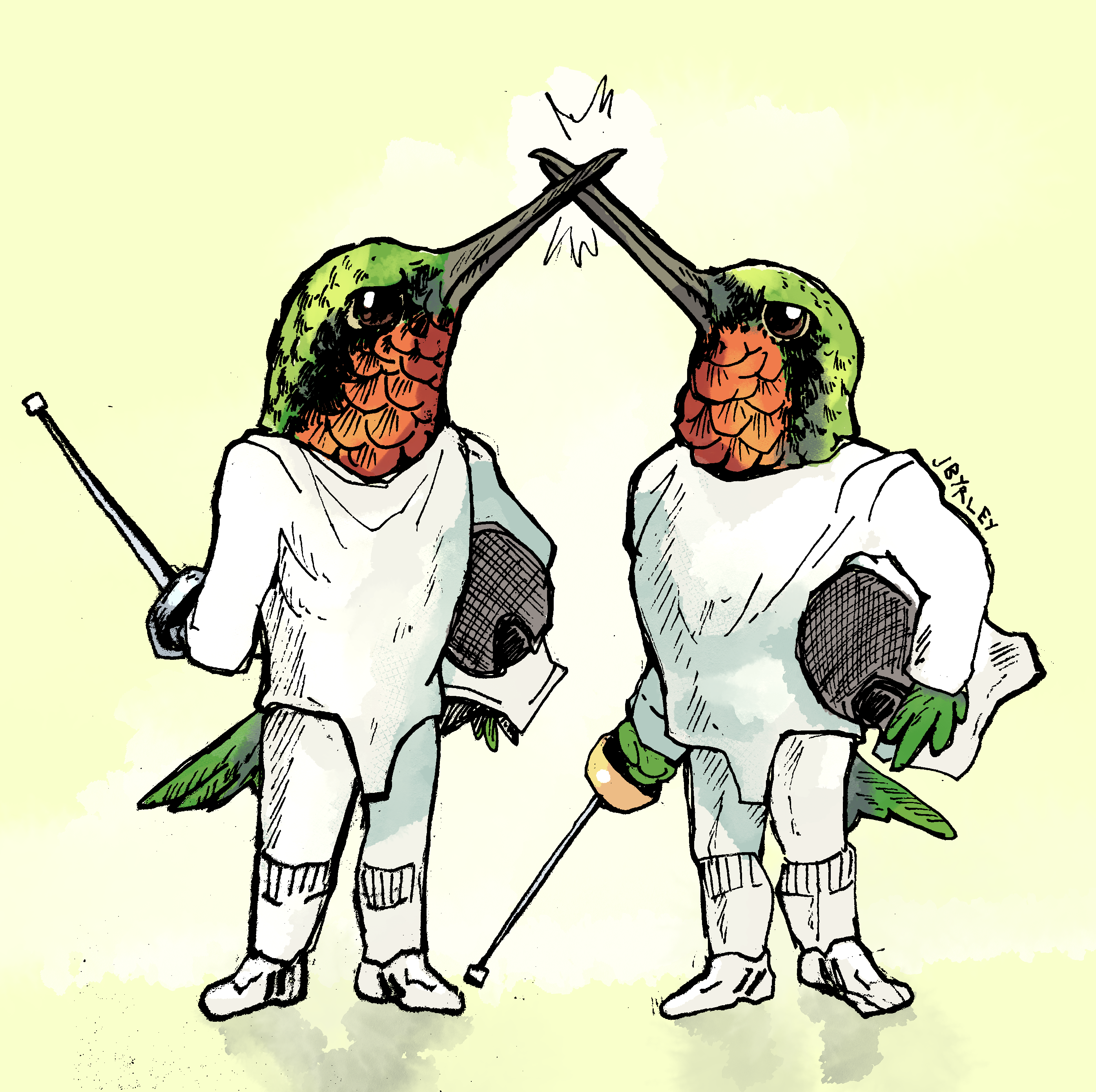 Two illustrated hummingbirds in fencing gear stand beak-to-beak.
