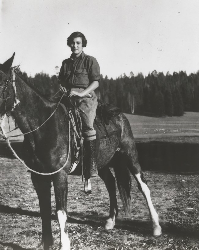 Polly Mead sitting astride a horse looking towards the camera. She wears riding breeches  and boots and and a shirt with the sleeves rolled up.