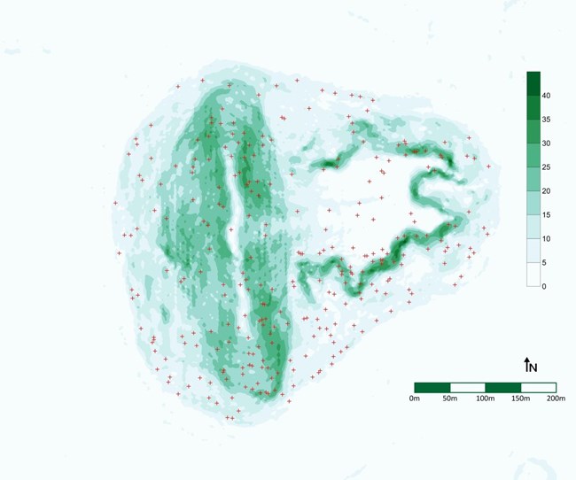 Figure 5. Distribution of trees as red + marks, removed from Mound A at Poverty Point. Base map shows terrain slope (%) in green as a grade from 0 to 50%. A flat surface, north to south, facing the river to the east slopes sharply to the west to the rear