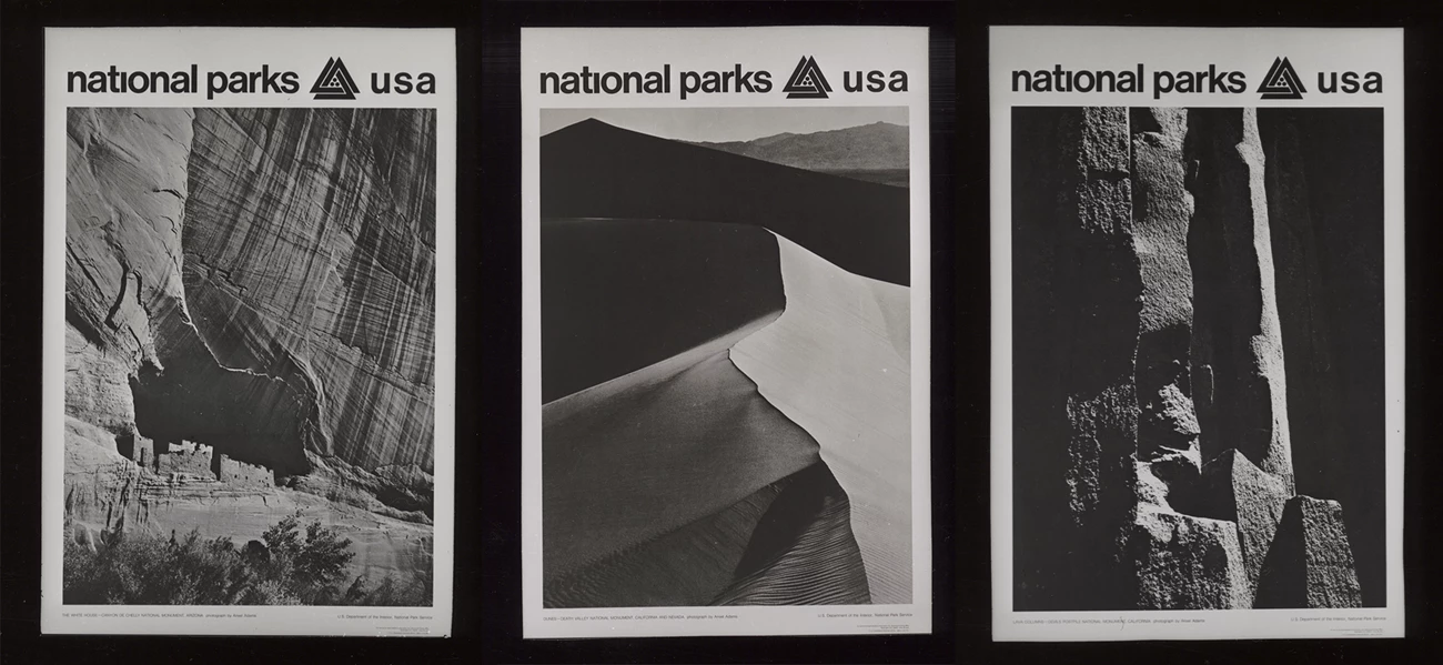 Ansel Adams poster series Three side-by-side posters featuring a cliff dwelling, sand dunes, and close up of granite rock.
