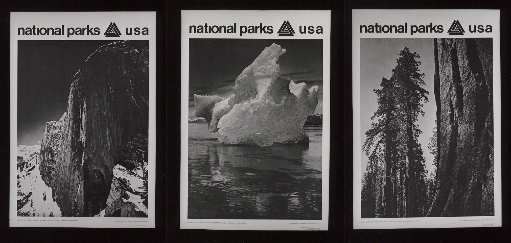 Ansel Adams poster series. Three side by side posters featuring Half dome, a glacier, and a granite rock face.