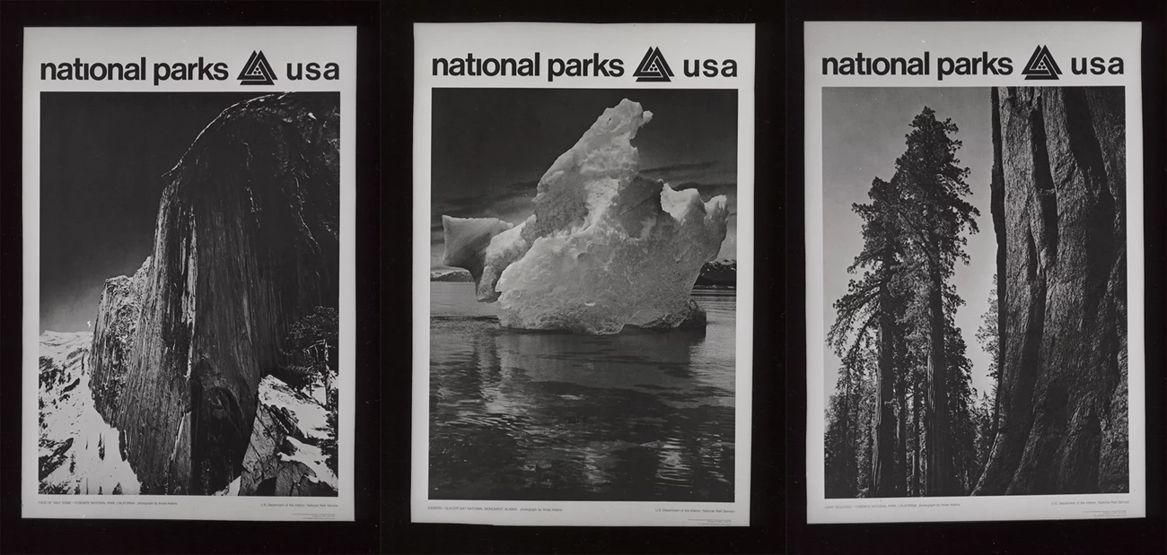 Ansel Adams poster series. Three side by side posters featuring Half dome, a glacier, and a granite rock face.