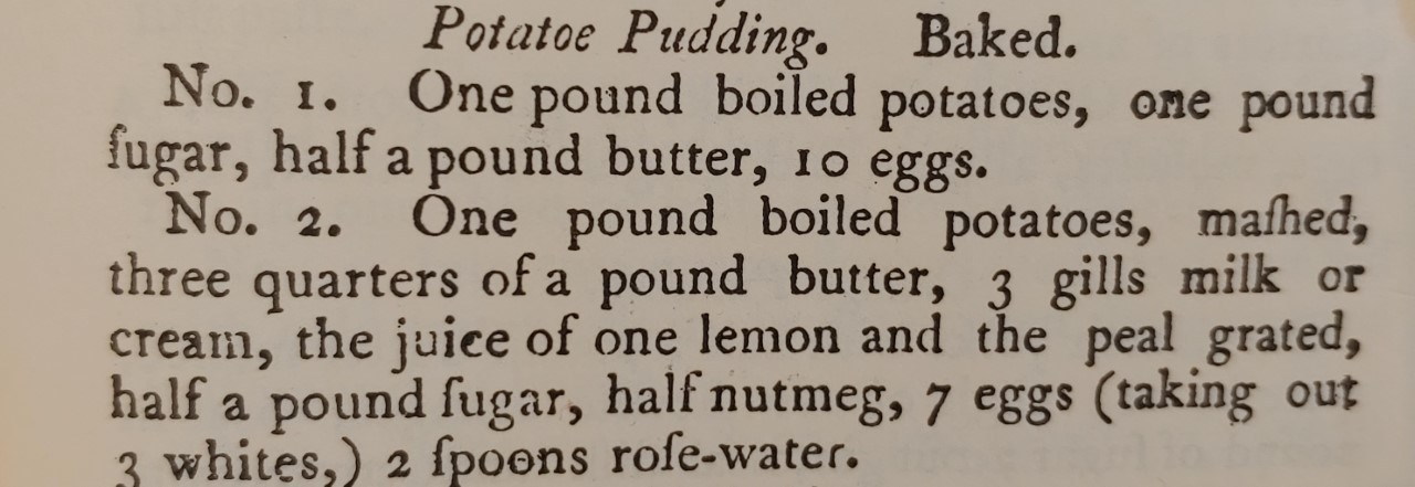 An old newsprint recipe for potato pudding. The writing is old and worn looking.