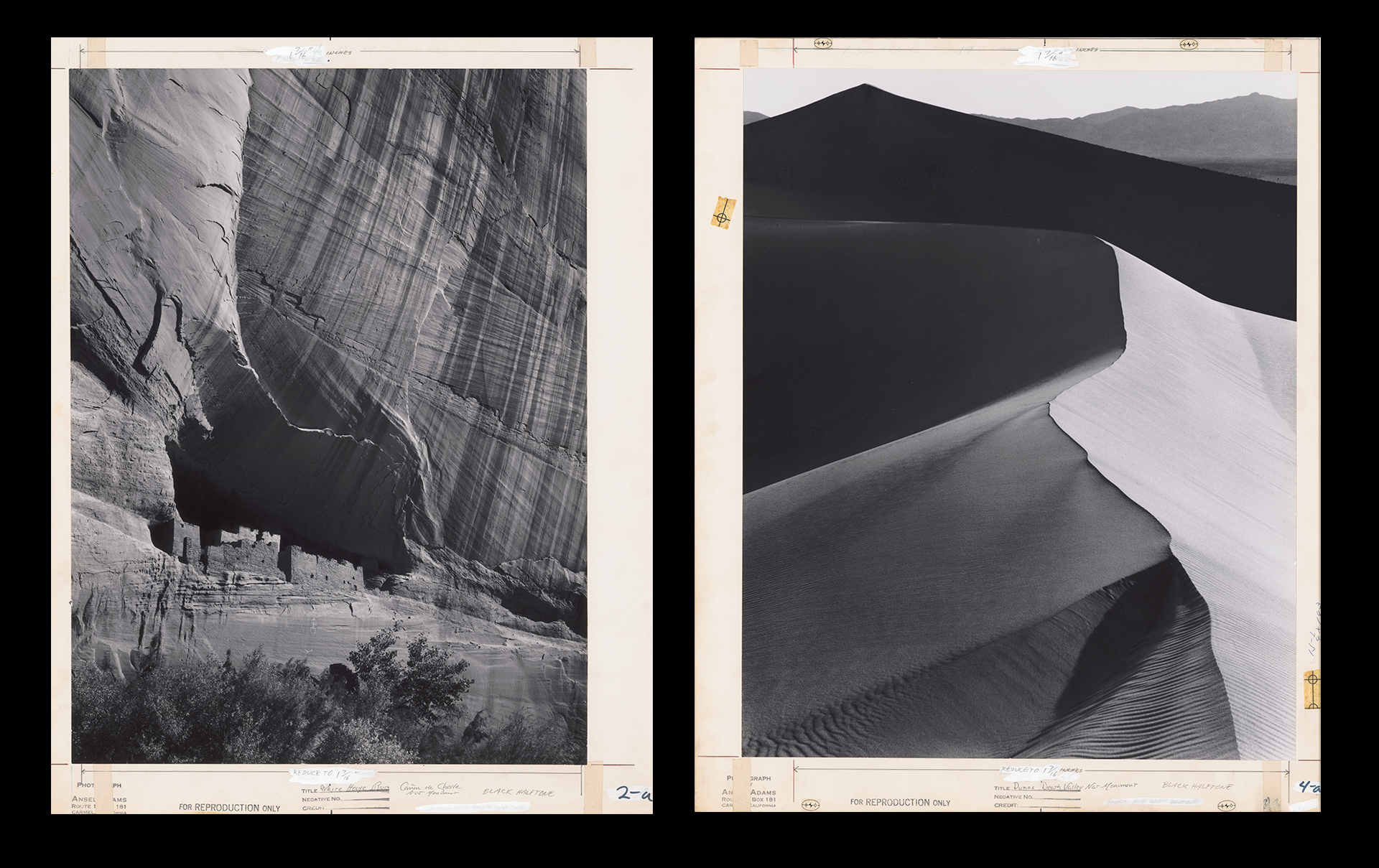Ansel Adams proofs A black and white proofs of cliff dwelling next to one of vast sand dunes.