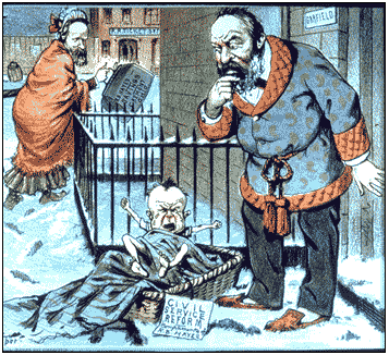 puck-magazine_hayes-garfield-cartoon cartoon showing Hayes leaving a crying baby on the doorstep and Garfield in a robe looking at it