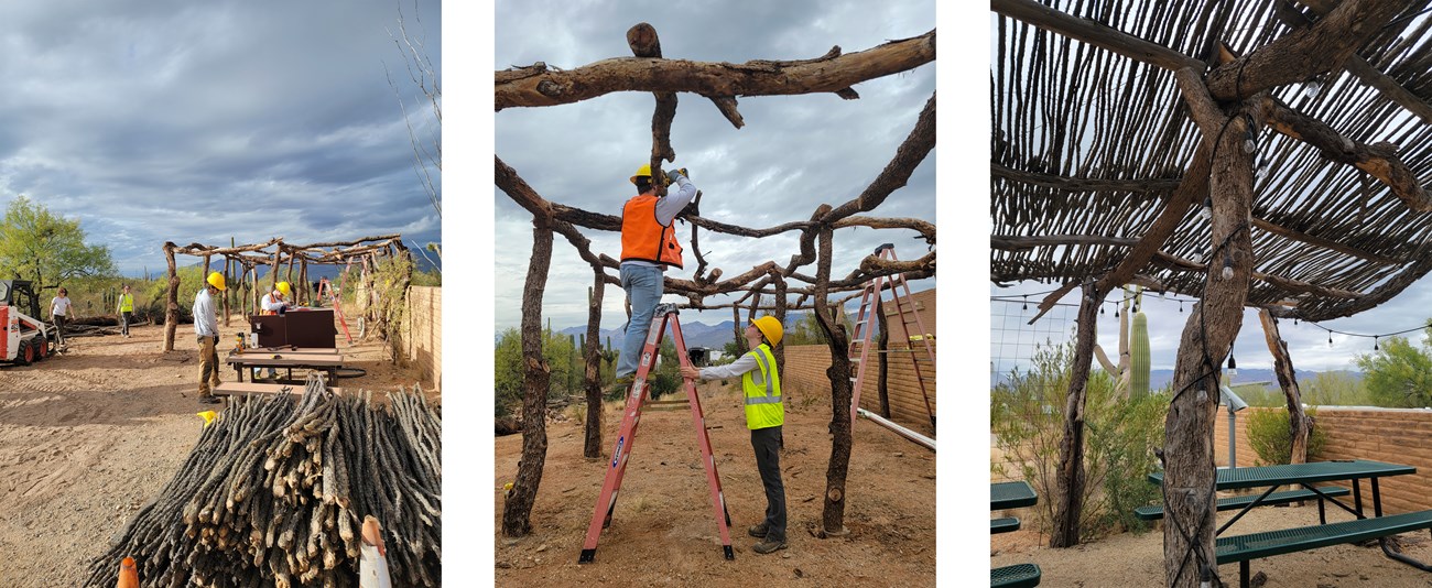 Three photos: people in hard hats and high-vis vests building a ramada, and a close-up pic of the ocotillo roof.