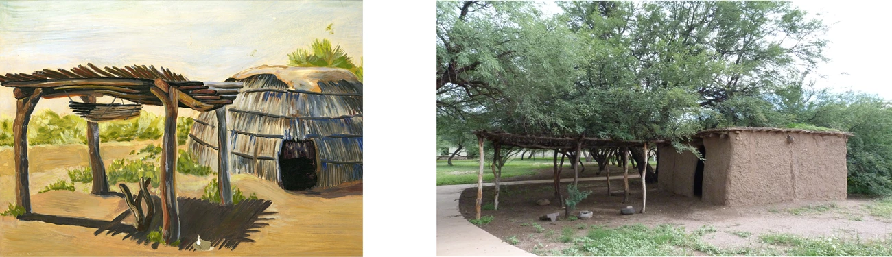 Painting and photo (Left photo) A color gouache painting of a ramada and mud dwelling. (Right) A photo of a ramada and adobe dwelling.
