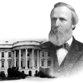 drawing of President Hayes on the right next to the White House