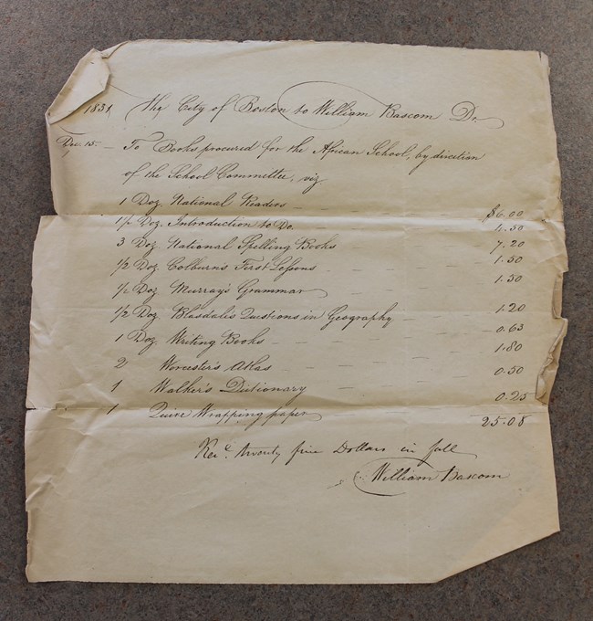 receipt hand written cursive booklist receipt, the paper has creases where it was folded in thirds. click on image for a transcript