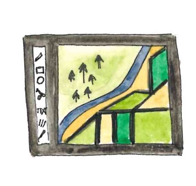 remote sensing illustration Illustration of a digital screen with an aerial view of a landscape featuring trees, fields, and a river.