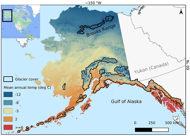 map of Alaska with temperature and glacier cover