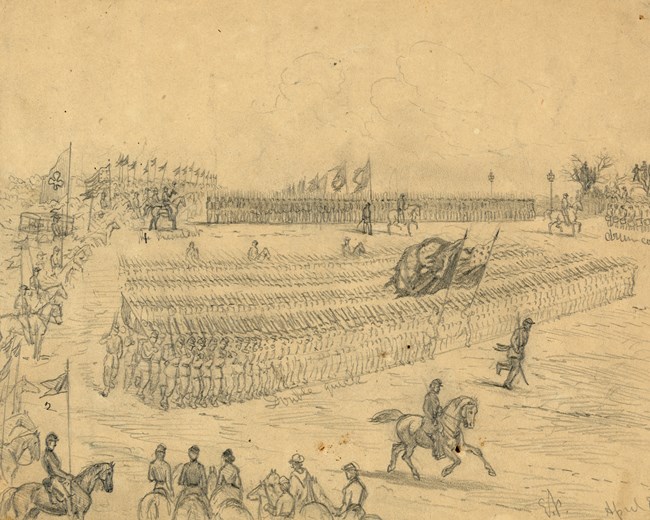 US Army of the Potomac Troop Review Pencil sketch of Civil War troops marching in parade.