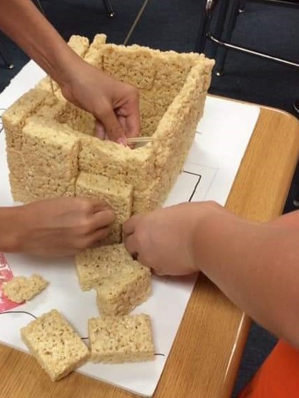 Square fort made out of Rice Krispie treats.