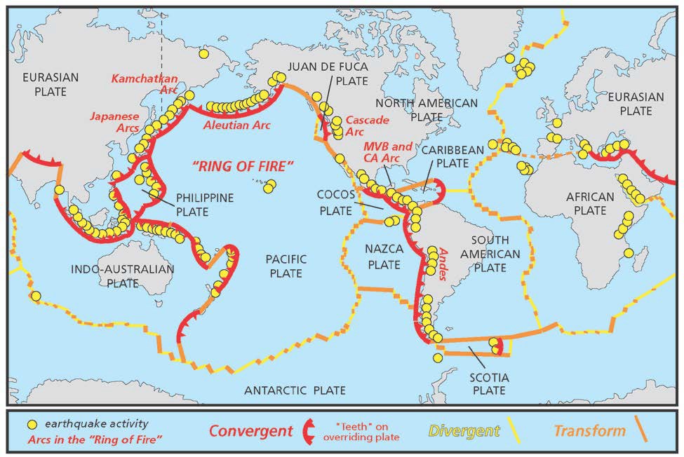 world map showing tectonic plate boundaries and earthquake activity
