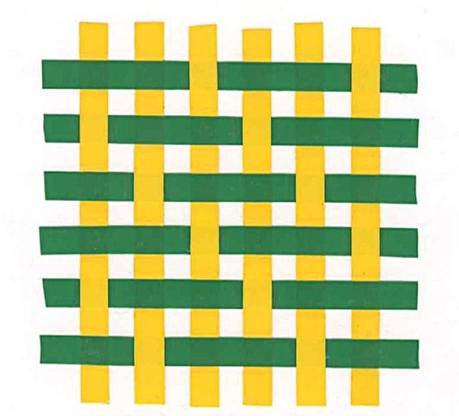 horizontal green lines and vertical yellow lines form a weave where the green lines move over two yellow lines and under one.
