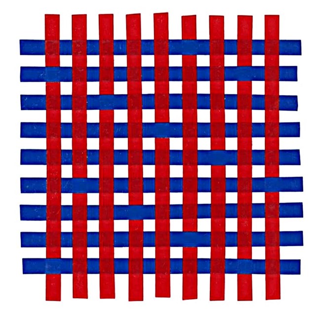 Diagram with red vertical stripes and blue horizontal stripes. The stripes are woven together so that the red stripe goes under one blue stripe then over 6.