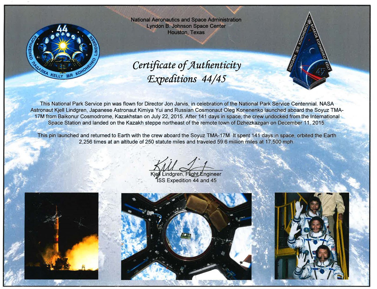 Certificate from NASA confirming pin is authentic.