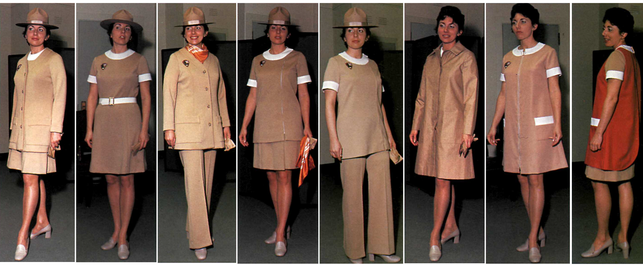Carole Scanlon modeling 1970 uniform Carol Scanlon modeling 8 beige uniforms