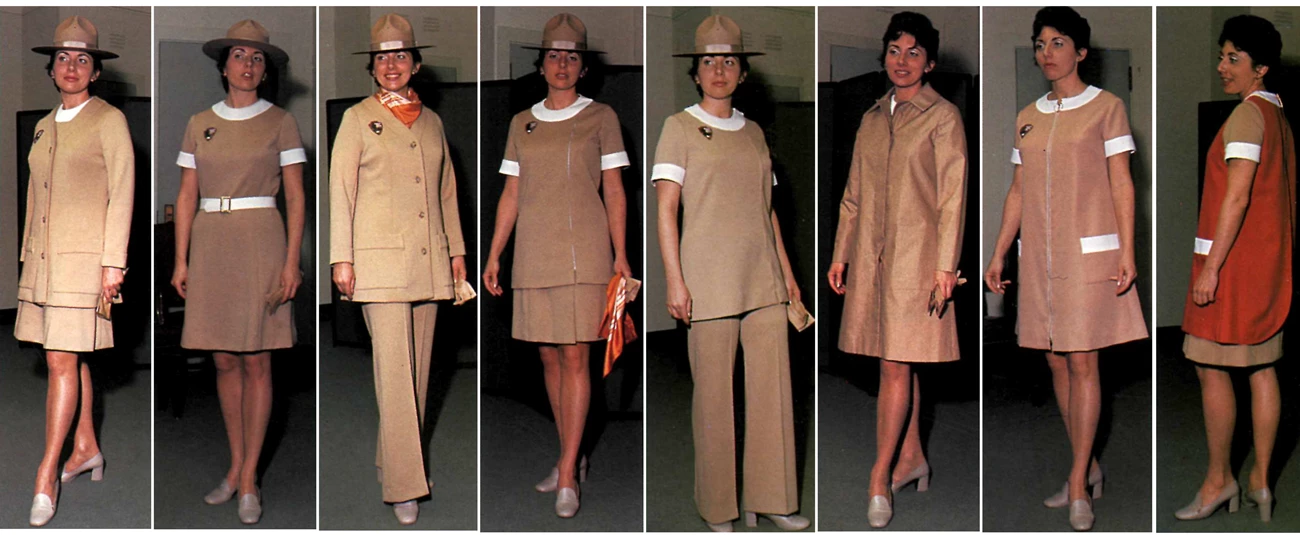 Carole Scanlon modeling 1970 uniform Carol Scanlon modeling 8 beige uniforms