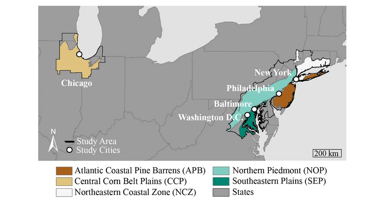 Map of study area Map of mid-Atlantic and Midwestern United Stations with Baltimore, Chicago, New York, Philadelphia, and Washington, DC, labeled, and Environmental Protection Agency Level 3 Ecoregions. For more details, see narrative figure description.