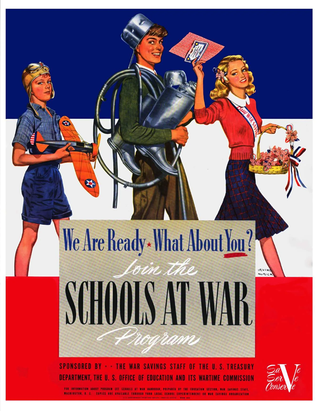 poster for schools at war program with two boys and one girl walking in a line carrying scrap items.