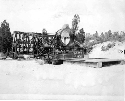 a historic searchlight tower in the lowered position
